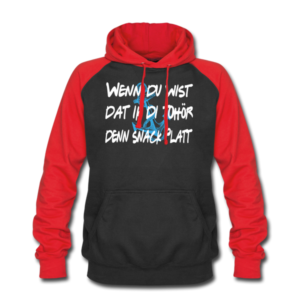 Baseball Hoodie SNACK PLATT | Norddeutscher Humor Unisex Baseball Hoodie - black/red