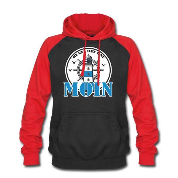 Baseball Hoodie BI UNS HET DAT MOIN | Norddeutscher Humor Unisex Baseball Hoodie - black/red