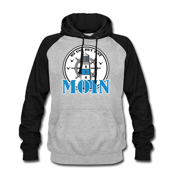 Baseball Hoodie BI UNS HET DAT MOIN | Norddeutscher Humor Unisex Baseball Hoodie - heather grey/black