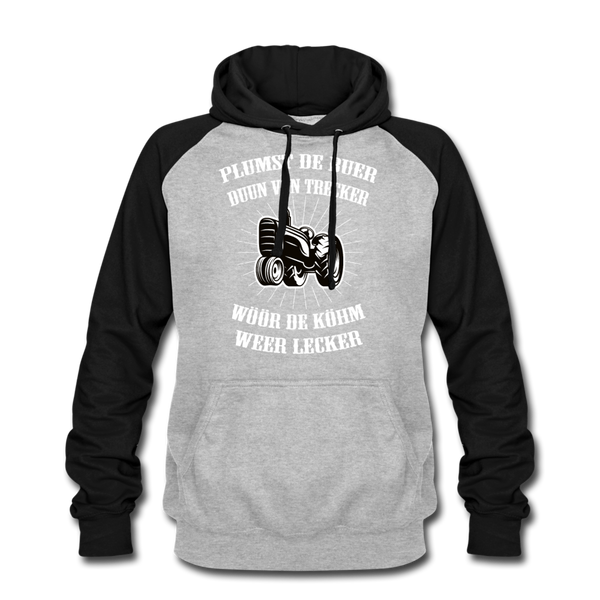 Baseball Hoodie PLUMST DER BUER | Norddeutscher Humor Unisex Baseball Hoodie - heather grey/black