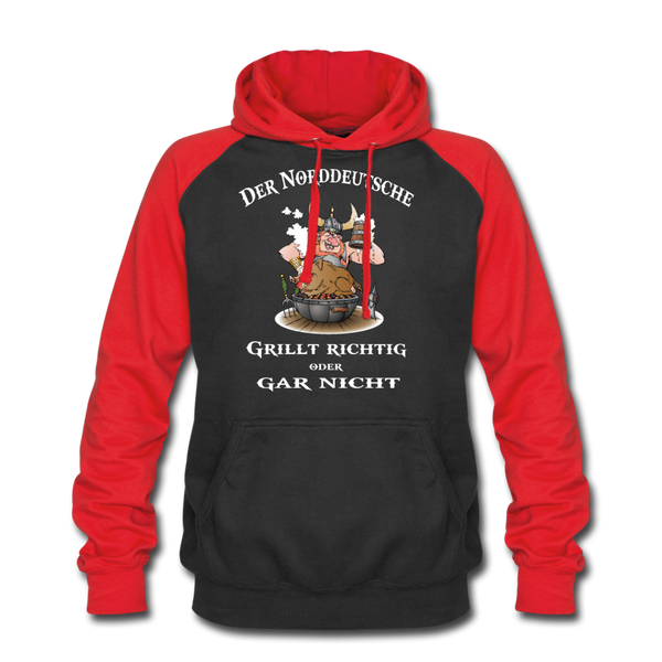 Baseball Hoodie DER NORDDEUTSCHE GRILLT | Norddeutscher Humor Unisex Baseball Hoodie - black/red