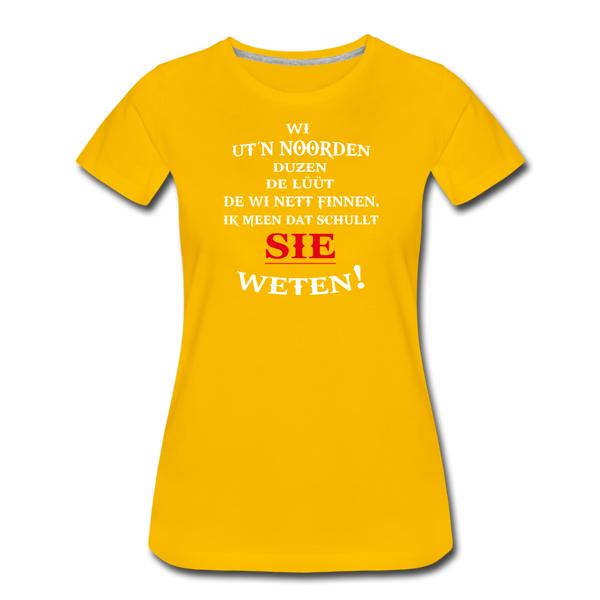 Damen Premium T-Shirt DUZEN PLATTDEUTSCH - Sonnengelb