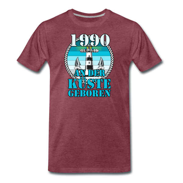Männer Premium T-Shirt 1990 AN DER KÜSTE GEBOREN - Bordeauxrot meliert